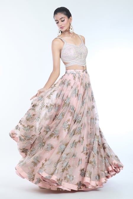 Buy Bhumika Sharma Pink Chiffon Embroidery V-neck Sylvia Floral Print Lehenga And Blouse Set Online at Aza Fashions Buy_Bhumika Sharma_Pink Chiffon Embroidery V-neck Sylvia Floral Print Lehenga And Blouse Set _Online_at_Aza_Fashions