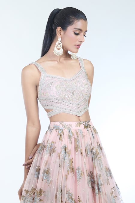 Shop Bhumika Sharma Pink Chiffon Embroidery V-neck Sylvia Floral Print Lehenga And Blouse Set Online at Aza Fashions Shop_Bhumika Sharma_Pink Chiffon Embroidery V-neck Sylvia Floral Print Lehenga And Blouse Set _Online_at_Aza_Fashions
