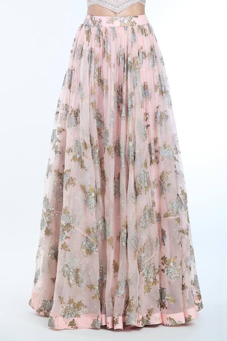 Bhumika Sharma Pink Chiffon Embroidery V-neck Sylvia Floral Print Lehenga And Blouse Set at Aza Fashions Bhumika Sharma_Pink Chiffon Embroidery V-neck Sylvia Floral Print Lehenga And Blouse Set _at_Aza_Fashions