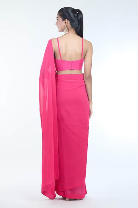 Bhumika Sharma_Fuchsia Cotton Embroidery Sylvia Floral Print Cape And Pre-draped Saree Set _Online_at_Aza_Fashions