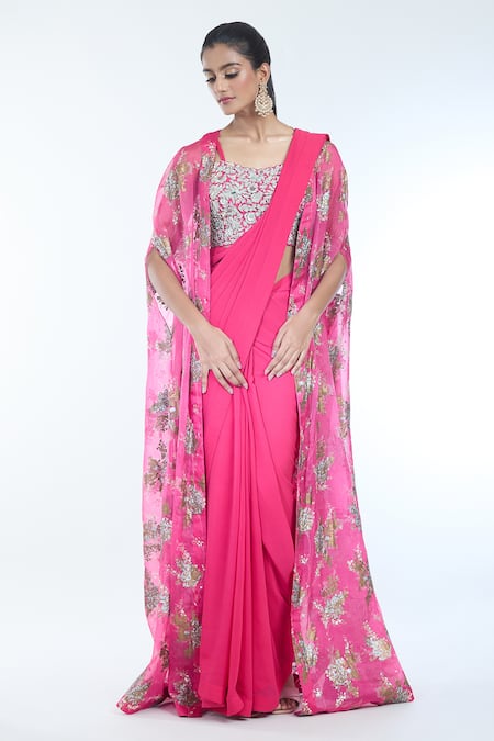 Buy_Bhumika Sharma_Fuchsia Cotton Embroidery Sylvia Floral Print Cape And Pre-draped Saree Set _Online_at_Aza_Fashions