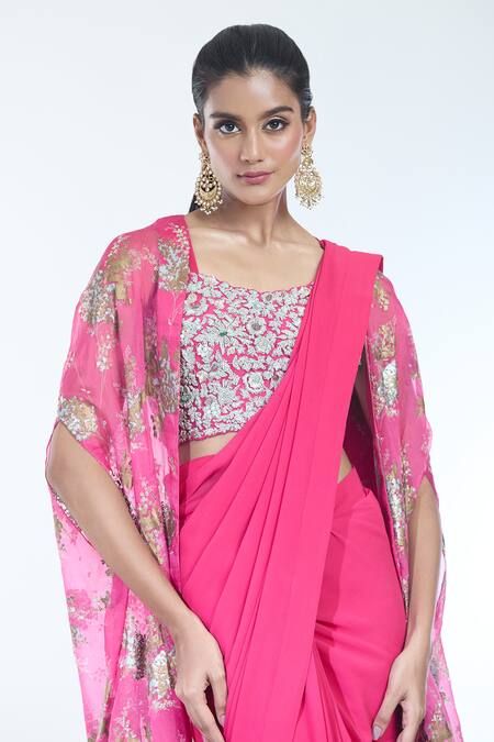 Shop_Bhumika Sharma_Fuchsia Cotton Embroidery Sylvia Floral Print Cape And Pre-draped Saree Set _Online_at_Aza_Fashions