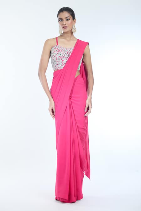 Bhumika Sharma_Fuchsia Cotton Embroidery Sylvia Floral Print Cape And Pre-draped Saree Set _at_Aza_Fashions