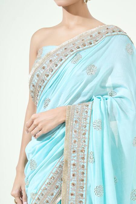Shop_Anamika Khanna_Blue Sequins Mukaish Embroidered Saree With Unstitched Blouse Piece _Online_at_Aza_Fashions