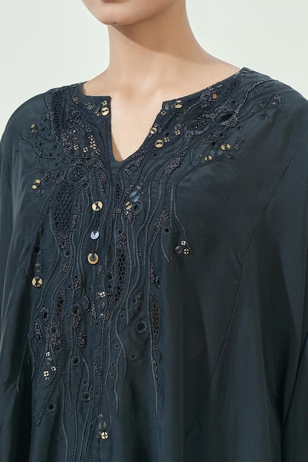 Shop Anamika Khanna Black Silk Sequins, Embroidery Split V-neck, Round Short Kurta And Lungi Skirt Set Online at Aza Fashions Shop_Anamika Khanna_Black Silk Sequins, Embroidery Split V-neck, Round Short Kurta And Lungi Skirt Set_Online_at_Aza_Fashions