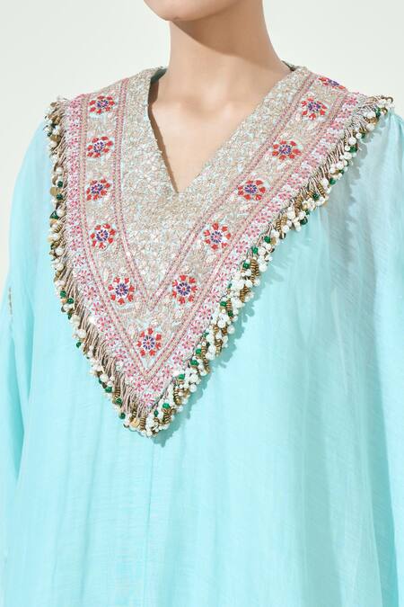 Shop Anamika Khanna Blue Net Embroidery, Sequins V-neck Embellished Yoke Kaftan Online at Aza Fashions Shop_Anamika Khanna_Blue Net Embroidery, Sequins V-neck Embellished Yoke Kaftan_Online_at_Aza_Fashions