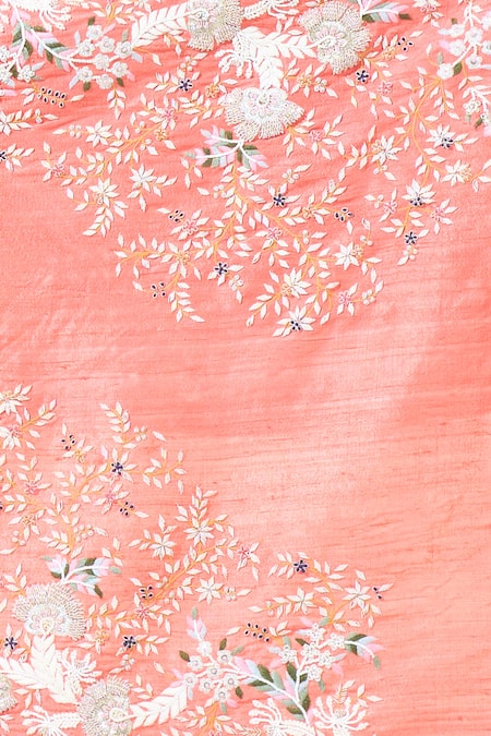Buy_Anamika Khanna_Coral Organza Pearls, Zari Scalloped Border Saree With Unstitched Blouse Piece_Online_at_Aza_Fashions