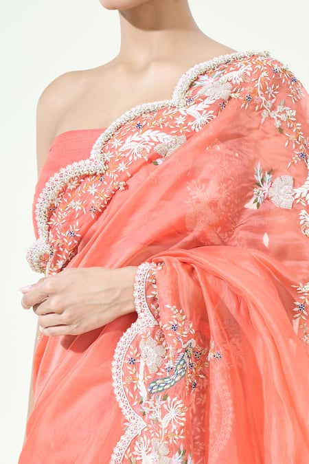 Anamika Khanna_Coral Organza Pearls, Zari Scalloped Border Saree With Unstitched Blouse Piece_Online_at_Aza_Fashions