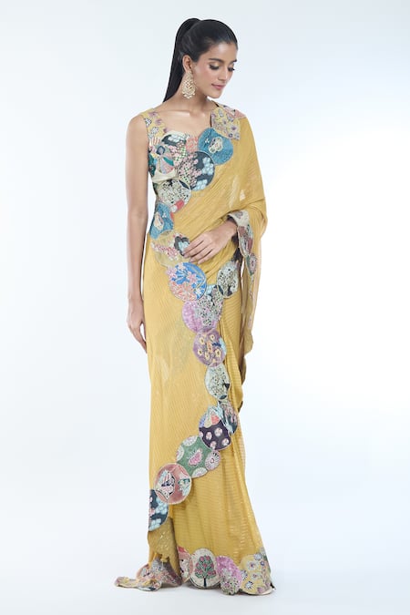 Buy_Aisha Rao_Yellow Embroidery Sweetheart Neck Serra Pre-draped Saree With Blouse _Online_at_Aza_Fashions