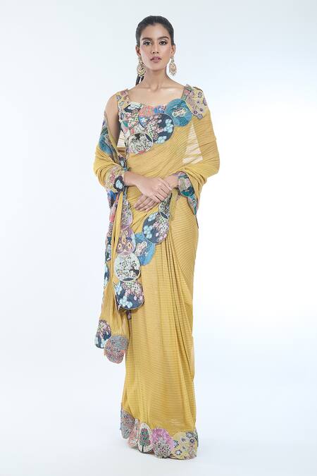Buy_Aisha Rao_Yellow Embroidery Sweetheart Neck Serra Pre-draped Saree With Blouse 