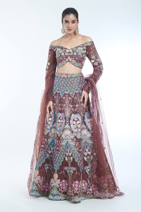 Aisha Rao Brown Tulle Embroidery Off-shoulder Trencadis Embellished Lehenga Set Online at Aza Fashions Aisha Rao_Brown Tulle Embroidery Off-shoulder Trencadis Embellished Lehenga Set _Online_at_Aza_Fashions