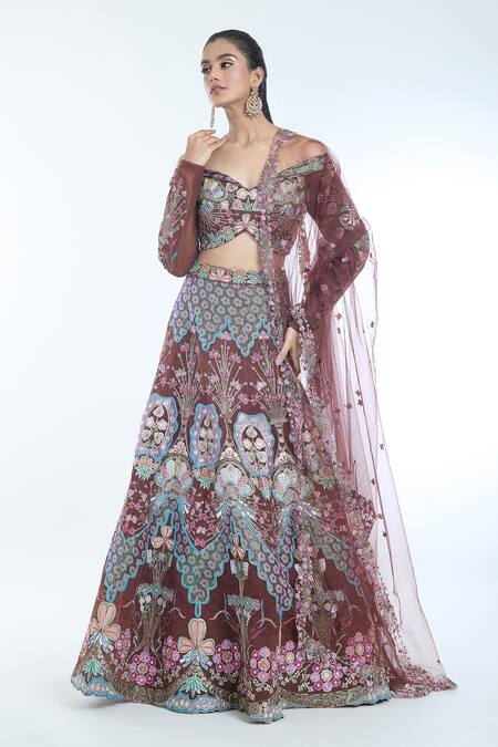 Buy Aisha Rao Brown Tulle Embroidery Off-shoulder Trencadis Embellished Lehenga Set Online at Aza Fashions Buy_Aisha Rao_Brown Tulle Embroidery Off-shoulder Trencadis Embellished Lehenga Set _Online_at_Aza_Fashions