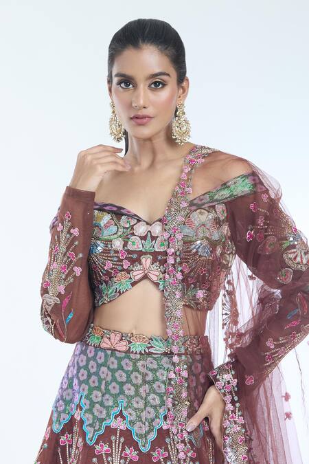 Shop Aisha Rao Brown Tulle Embroidery Off-shoulder Trencadis Embellished Lehenga Set Online at Aza Fashions Shop_Aisha Rao_Brown Tulle Embroidery Off-shoulder Trencadis Embellished Lehenga Set _Online_at_Aza_Fashions