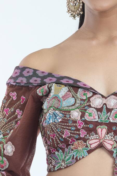 Aisha Rao Brown Tulle Embroidery Off-shoulder Trencadis Embellished Lehenga Set at Aza Fashions Aisha Rao_Brown Tulle Embroidery Off-shoulder Trencadis Embellished Lehenga Set _at_Aza_Fashions