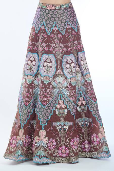 Buy Aisha Rao Brown Tulle Embroidery Off-shoulder Trencadis Embellished Lehenga Set Buy_Aisha Rao_Brown Tulle Embroidery Off-shoulder Trencadis Embellished Lehenga Set