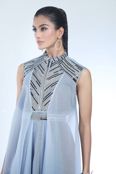 Buy Amit Aggarwal Grey Crepe, Chiffon, Polyester Embroidery, Embellished Handkerchief Dress Buy_Amit Aggarwal_Grey Crepe, Chiffon, Polyester Embroidery, Embellished Handkerchief Dress
