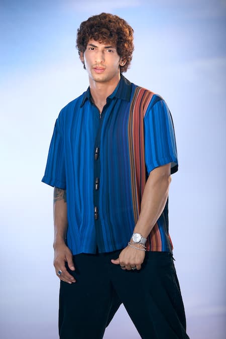 Shop_Nikita Mhaisalkar X AZA_Blue Georgette Astron Striped Print Shirt 