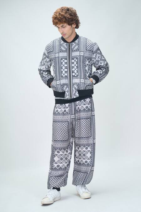 Shop_Nikita Mhaisalkar X AZA_Black Satin Fleur Art Print Bomber Jacket Pant Set _Online_at_Aza_Fashions