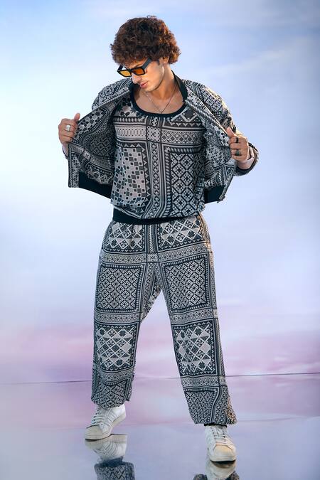 Nikita Mhaisalkar X AZA_Black Satin Fleur Art Print Bomber Jacket Pant Set _at_Aza_Fashions