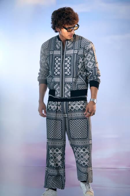 Buy_Nikita Mhaisalkar X AZA_Black Satin Fleur Art Print Bomber Jacket Pant Set 