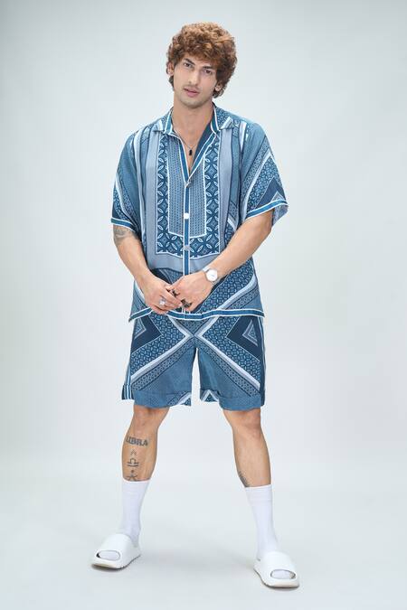 Shop_Nikita Mhaisalkar X AZA_Blue Crepe Geometric Florin Print Shirt With Shorts _Online_at_Aza_Fashions