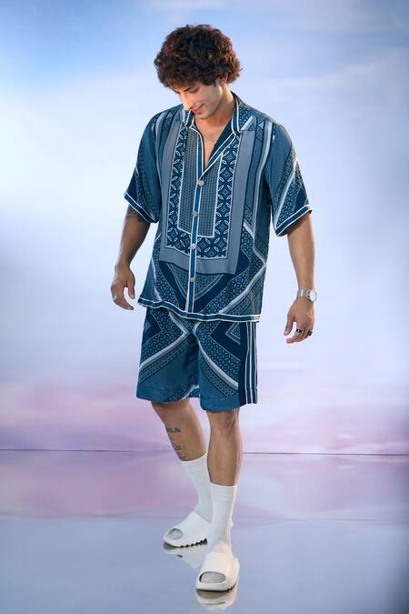 Shop_Nikita Mhaisalkar X AZA_Blue Crepe Geometric Florin Print Shirt With Shorts 