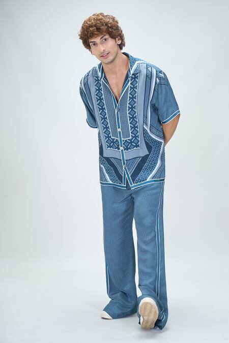 Shop Nikita Mhaisalkar X AZA Blue Crepe Geometric Fleur Print Shirt With Pant Online at Aza Fashions Shop_Nikita Mhaisalkar X AZA_Blue Crepe Geometric Fleur Print Shirt With Pant _Online_at_Aza_Fashions