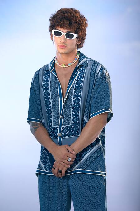 Nikita Mhaisalkar X AZA Blue Crepe Geometric Fleur Print Shirt With Pant at Aza Fashions Nikita Mhaisalkar X AZA_Blue Crepe Geometric Fleur Print Shirt With Pant _at_Aza_Fashions