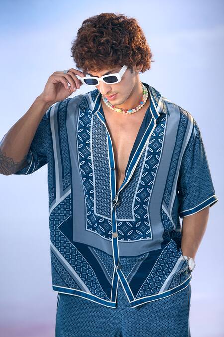 Buy Nikita Mhaisalkar X AZA Blue Crepe Geometric Fleur Print Shirt With Pant Buy_Nikita Mhaisalkar X AZA_Blue Crepe Geometric Fleur Print Shirt With Pant