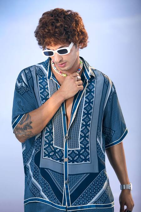 Shop Nikita Mhaisalkar X AZA Blue Crepe Geometric Fleur Print Shirt With Pant Shop_Nikita Mhaisalkar X AZA_Blue Crepe Geometric Fleur Print Shirt With Pant