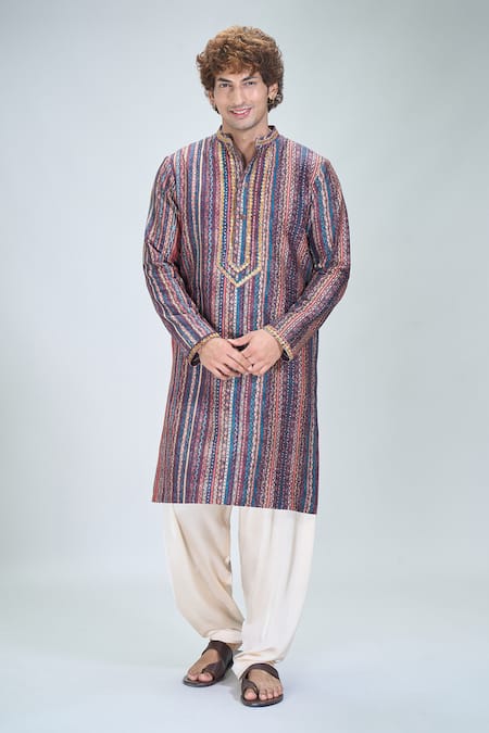 Shop Nikita Mhaisalkar X AZA Multi Color Chanderi, Satin Phoolista Vine Print And Embellished Kurta With Salwar Online at Aza Fashions Shop_Nikita Mhaisalkar X AZA_Multi Color Chanderi, Satin Phoolista Vine Print And Embellished Kurta With Salwar _Online_at_Aza_Fashions