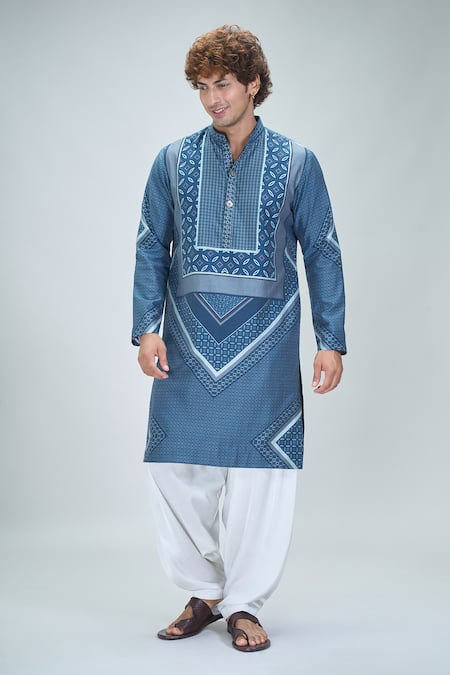Shop_Nikita Mhaisalkar X AZA_Blue Chanderi, Satin Geometric Gul Print Kurta With Salwar _Online_at_Aza_Fashions