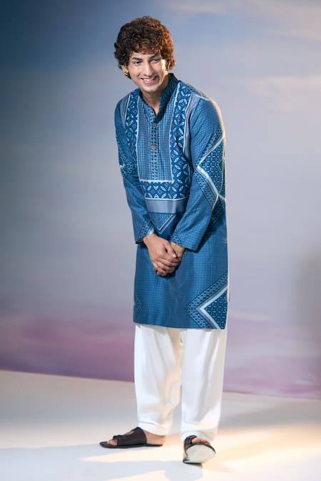 Nikita Mhaisalkar X AZA_Blue Chanderi, Satin Geometric Gul Print Kurta With Salwar _at_Aza_Fashions