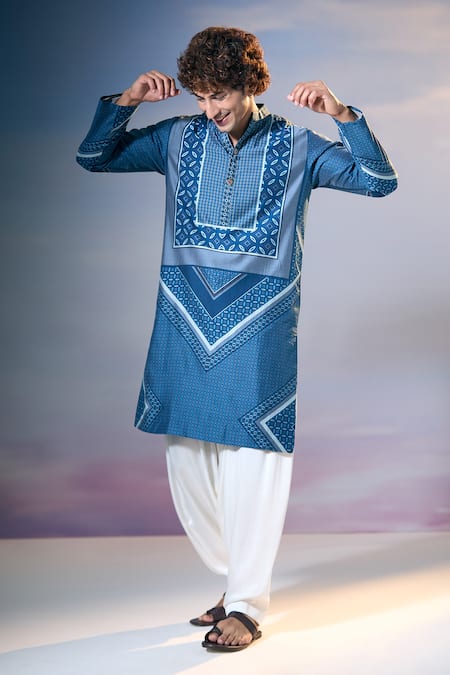 Buy_Nikita Mhaisalkar X AZA_Blue Chanderi, Satin Geometric Gul Print Kurta With Salwar 