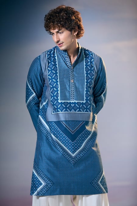 Shop_Nikita Mhaisalkar X AZA_Blue Chanderi, Satin Geometric Gul Print Kurta With Salwar 