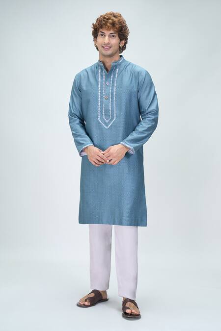 Shop_Nikita Mhaisalkar X AZA_Blue Chanderi, Satin Embroidery Quad Bloom Jaal Print Kurta With Pant _Online_at_Aza_Fashions