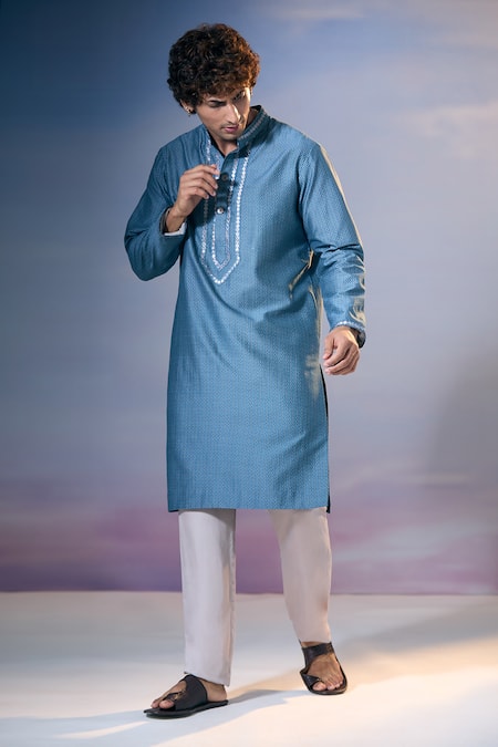 Nikita Mhaisalkar X AZA_Blue Chanderi, Satin Embroidery Quad Bloom Jaal Print Kurta With Pant _at_Aza_Fashions