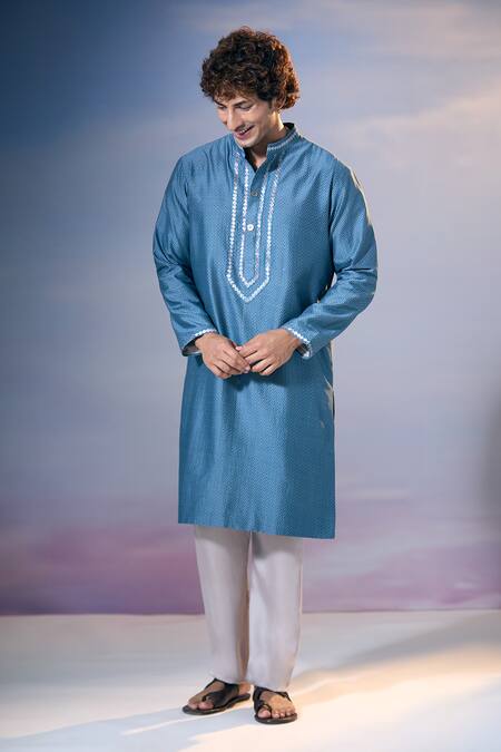 Buy_Nikita Mhaisalkar X AZA_Blue Chanderi, Satin Embroidery Quad Bloom Jaal Print Kurta With Pant 