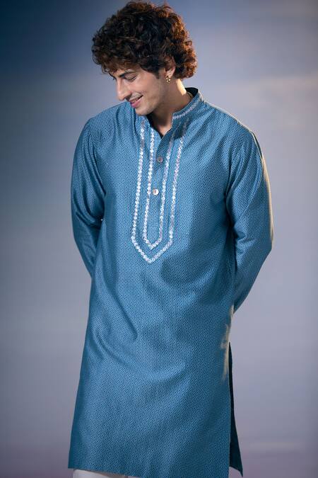 Shop_Nikita Mhaisalkar X AZA_Blue Chanderi, Satin Embroidery Quad Bloom Jaal Print Kurta With Pant 