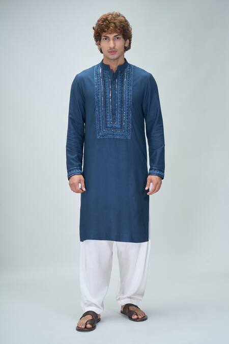 Buy Nikita Mhaisalkar X AZA Blue Twill Embroidery Geometric Badla And Thread Yoke Kurta With Salwar Online at Aza Fashions Buy_Nikita Mhaisalkar X AZA_Blue Twill Embroidery Geometric Badla And Thread Yoke Kurta With Salwar _Online_at_Aza_Fashions