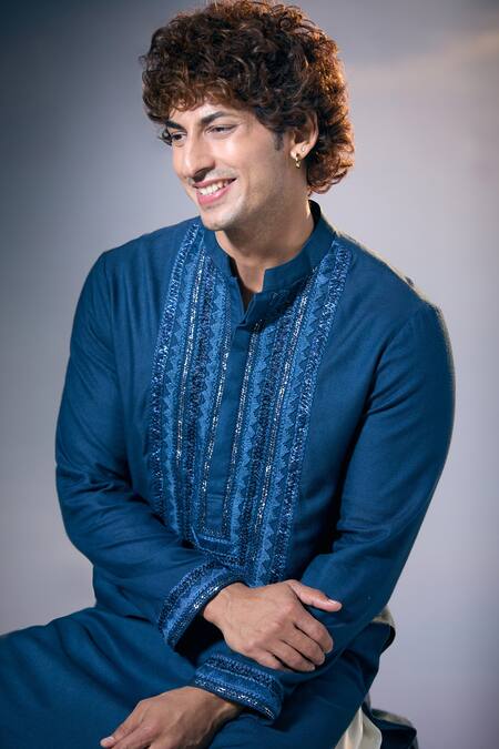 Shop Nikita Mhaisalkar X AZA Blue Twill Embroidery Geometric Badla And Thread Yoke Kurta With Salwar Online at Aza Fashions Shop_Nikita Mhaisalkar X AZA_Blue Twill Embroidery Geometric Badla And Thread Yoke Kurta With Salwar _Online_at_Aza_Fashions