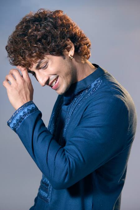 Nikita Mhaisalkar X AZA Blue Twill Embroidery Geometric Badla And Thread Yoke Kurta With Salwar at Aza Fashions Nikita Mhaisalkar X AZA_Blue Twill Embroidery Geometric Badla And Thread Yoke Kurta With Salwar _at_Aza_Fashions