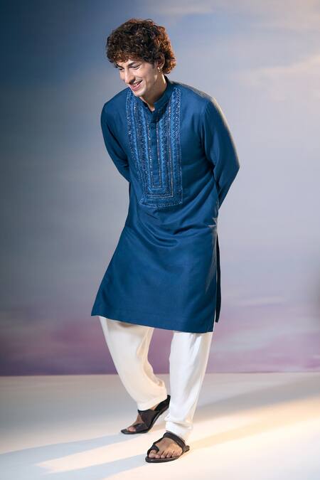 Buy Nikita Mhaisalkar X AZA Blue Twill Embroidery Geometric Badla And Thread Yoke Kurta With Salwar Buy_Nikita Mhaisalkar X AZA_Blue Twill Embroidery Geometric Badla And Thread Yoke Kurta With Salwar