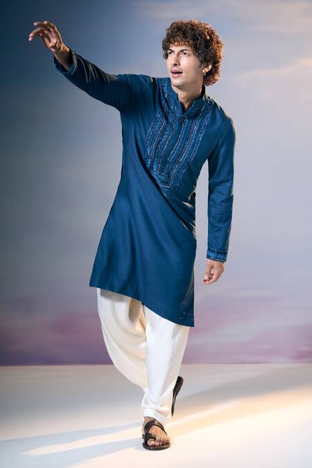 Shop Nikita Mhaisalkar X AZA Blue Twill Embroidery Geometric Badla And Thread Yoke Kurta With Salwar Shop_Nikita Mhaisalkar X AZA_Blue Twill Embroidery Geometric Badla And Thread Yoke Kurta With Salwar