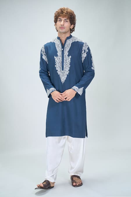 Shop Nikita Mhaisalkar X AZA Blue Twill Embroidery Kamdani Paisley Vine Kurta With Salwar Online at Aza Fashions Shop_Nikita Mhaisalkar X AZA_Blue Twill Embroidery Kamdani Paisley Vine Kurta With Salwar _Online_at_Aza_Fashions
