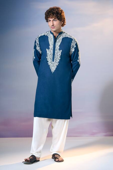 Nikita Mhaisalkar X AZA Blue Twill Embroidery Kamdani Paisley Vine Kurta With Salwar at Aza Fashions Nikita Mhaisalkar X AZA_Blue Twill Embroidery Kamdani Paisley Vine Kurta With Salwar _at_Aza_Fashions