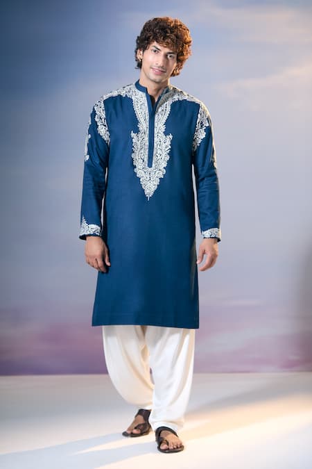 Buy Nikita Mhaisalkar X AZA Blue Twill Embroidery Kamdani Paisley Vine Kurta With Salwar Buy_Nikita Mhaisalkar X AZA_Blue Twill Embroidery Kamdani Paisley Vine Kurta With Salwar