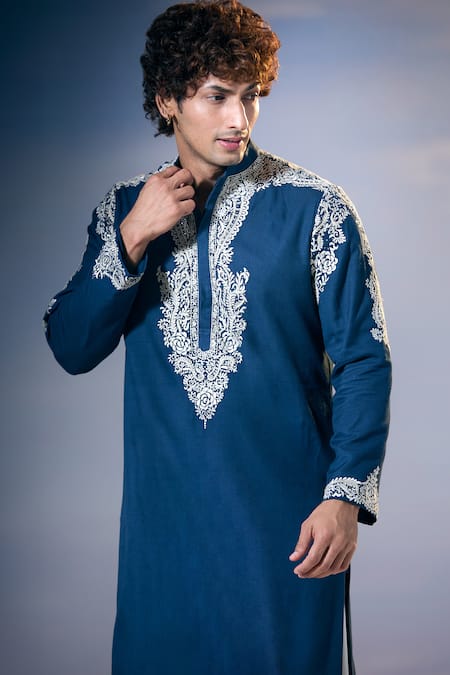 Shop Nikita Mhaisalkar X AZA Blue Twill Embroidery Kamdani Paisley Vine Kurta With Salwar Shop_Nikita Mhaisalkar X AZA_Blue Twill Embroidery Kamdani Paisley Vine Kurta With Salwar