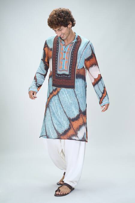 Shop Nikita Mhaisalkar X AZA Blue Georgette Butterfly Wing Print Kurta With Salwar Online at Aza Fashions Shop_Nikita Mhaisalkar X AZA_Blue Georgette Butterfly Wing Print Kurta With Salwar _Online_at_Aza_Fashions