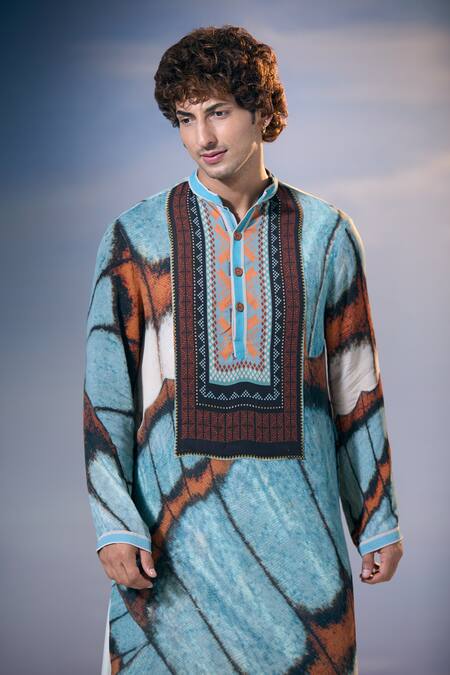 Nikita Mhaisalkar X AZA Blue Georgette Butterfly Wing Print Kurta With Salwar at Aza Fashions Nikita Mhaisalkar X AZA_Blue Georgette Butterfly Wing Print Kurta With Salwar _at_Aza_Fashions